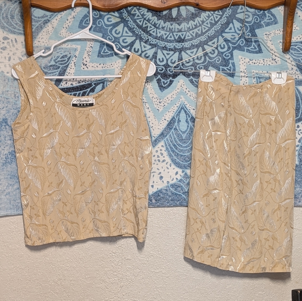 Vintage Travel Top Skirt XS Gold Tan Festival Boho Indie Cottage Retro Tropical